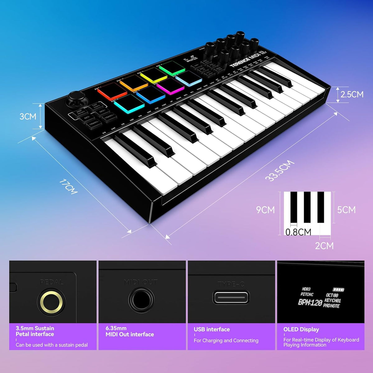 TERENCE MIDI-toetsenbord met 25 toetsen, professioneel, MIDI-toetsenbord, controller, 500 mAh, 8 pads, RGB-knop, 360 graden draaibaar, eindeloos, 8 toewijsbare toetsen, OLED-display, compatibel met