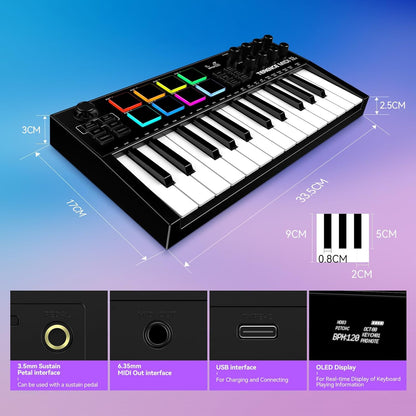TERENCE MIDI-toetsenbord met 25 toetsen, professioneel, MIDI-toetsenbord, controller, 500 mAh, 8 pads, RGB-knop, 360 graden draaibaar, eindeloos, 8 toewijsbare toetsen, OLED-display, compatibel met