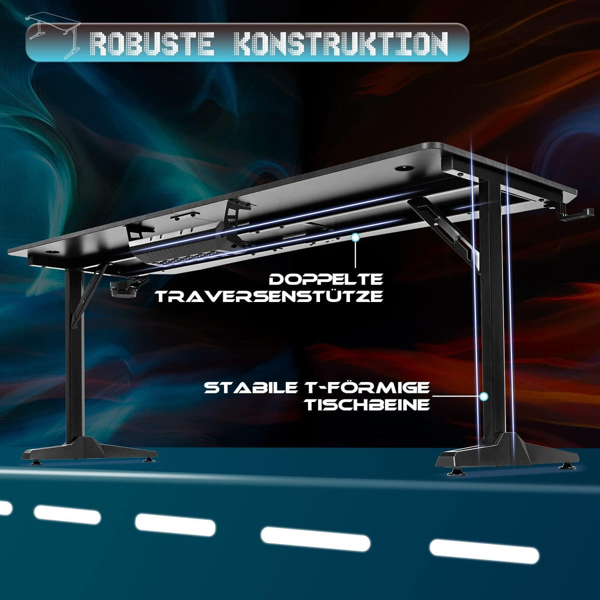 Devoko Gaiming Tafel 140 cm, gamingbureau, gamer, computertafel, ergonomisch pc-bureau met kabelopbergdoos, bekerhouder en hoofdtelefoonhouder, T-vormig (zwart, 140 x 60 x 75 cm)