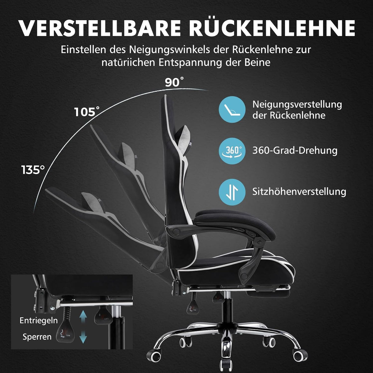 GTPLAYER Gamingstoel, bureaustoel, ergonomische pc-stoel, gamingstoel met massagesteun, task stoelen met voetensteun en hoofdsteun, witte stof