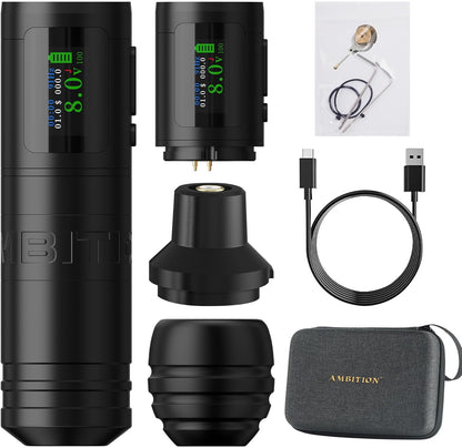 Ambition Ninja Ultra Draadloze tattoo-machine met intelligente factureringsfunctie - Roterende cartridge-pen met 2 stuks 1900 mAh tattoo-pistool Coreless Motor Straight Drive Bar