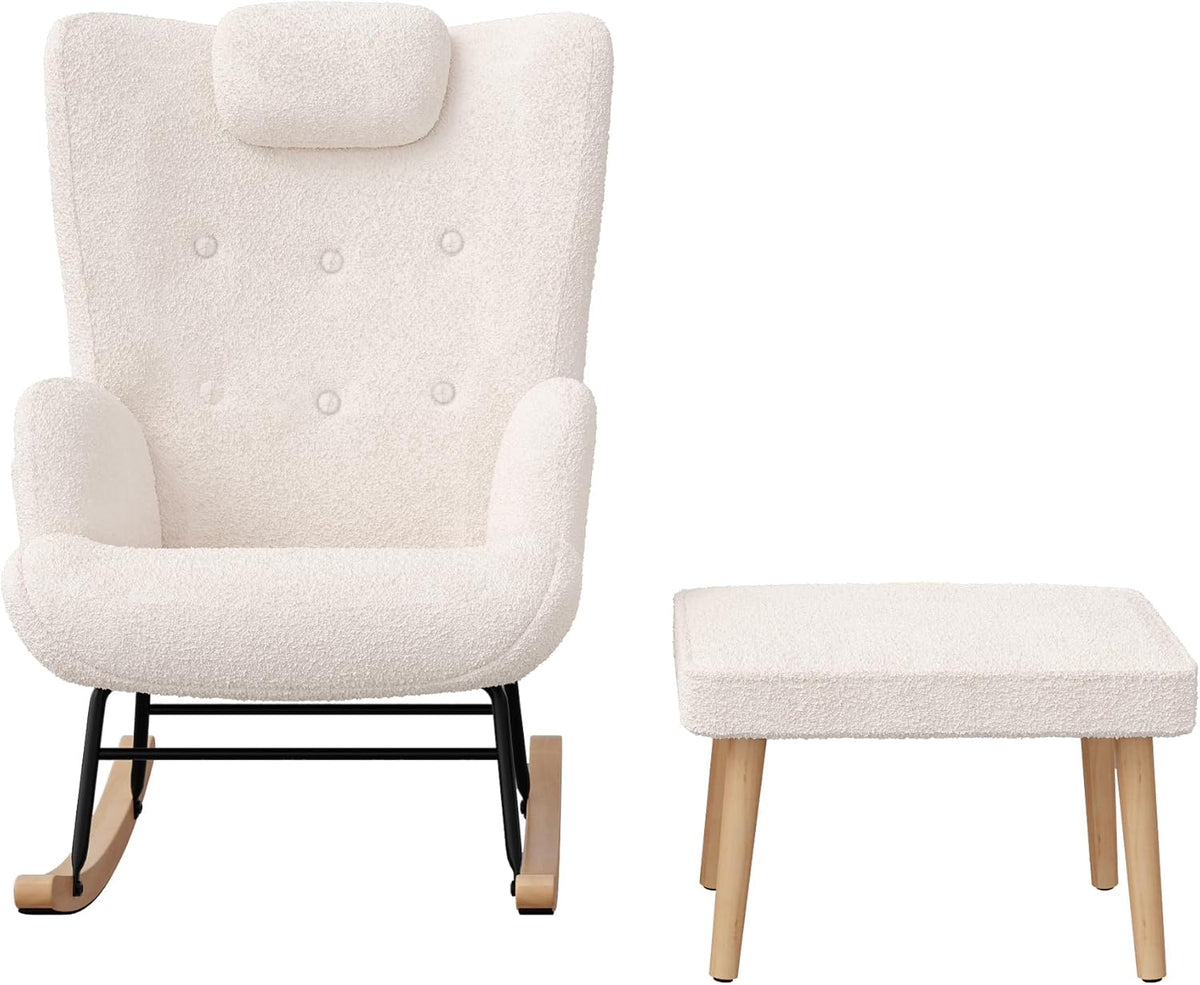 Schommelstoel – Relaxstoel – Schommelstoel Met Voetensteun – Lounge Stoel – Wipstoel – Teddy Pluche Wit – Houten Frame – Ergonomisch Hoofdsteun