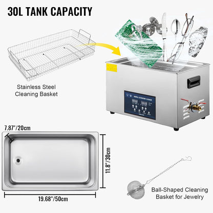 Ultrasone Reiniger – Ultrasoon Bad – Schoonmaakapparaat – Reinigingsmachine – Ultrasoon Toestel – 30 Liter Inhoud – Roestvrijstalen Tank – Dubbele Frequentie 28/40 Khz