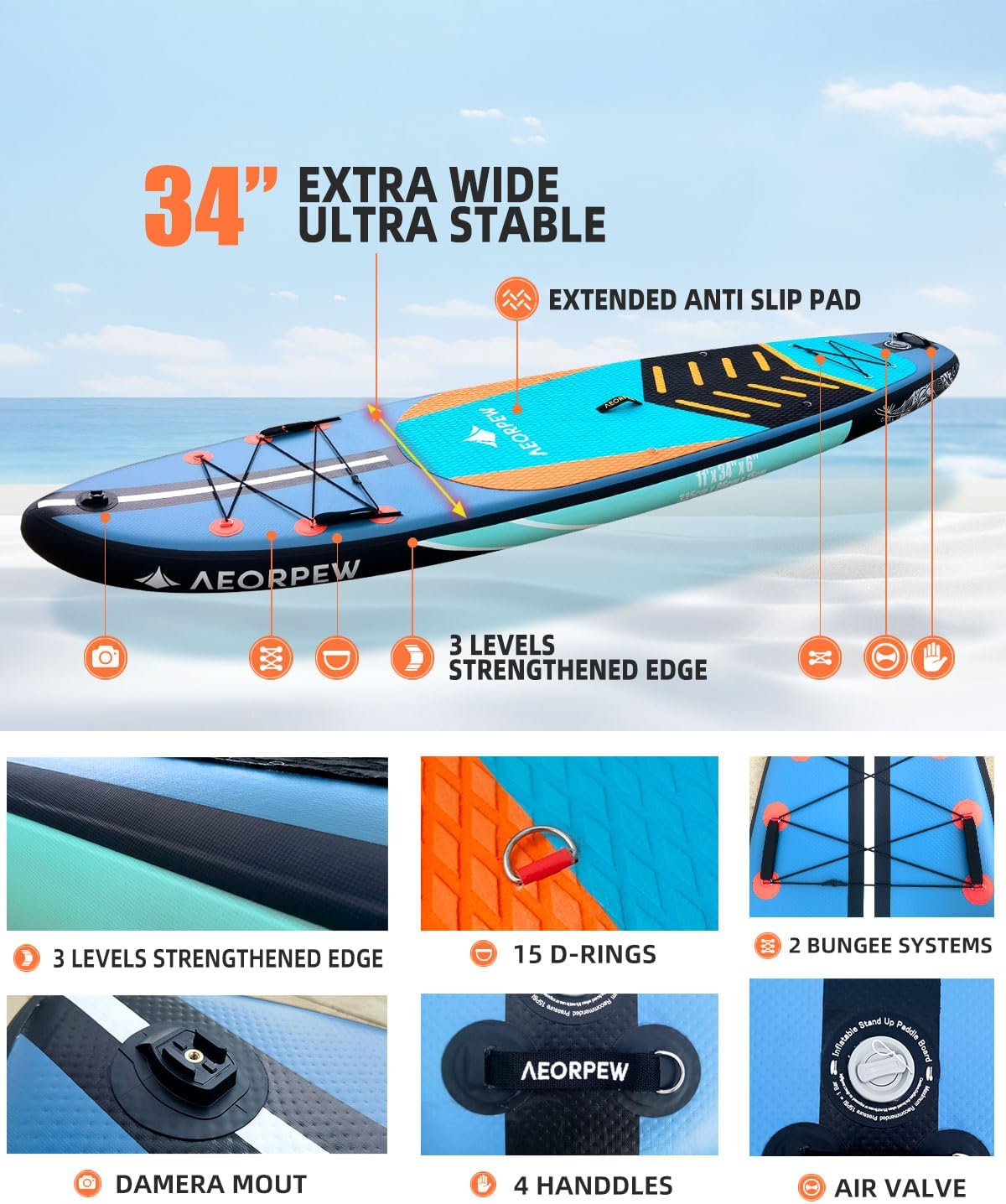 Opblaasbare paddleboards voor volwassenen, 86 cm breed, stand-up paddleboard, versterking op wedstrijdniveau, met alle premium SUP-boardaccessoires voor volwassenen en jongeren van alle