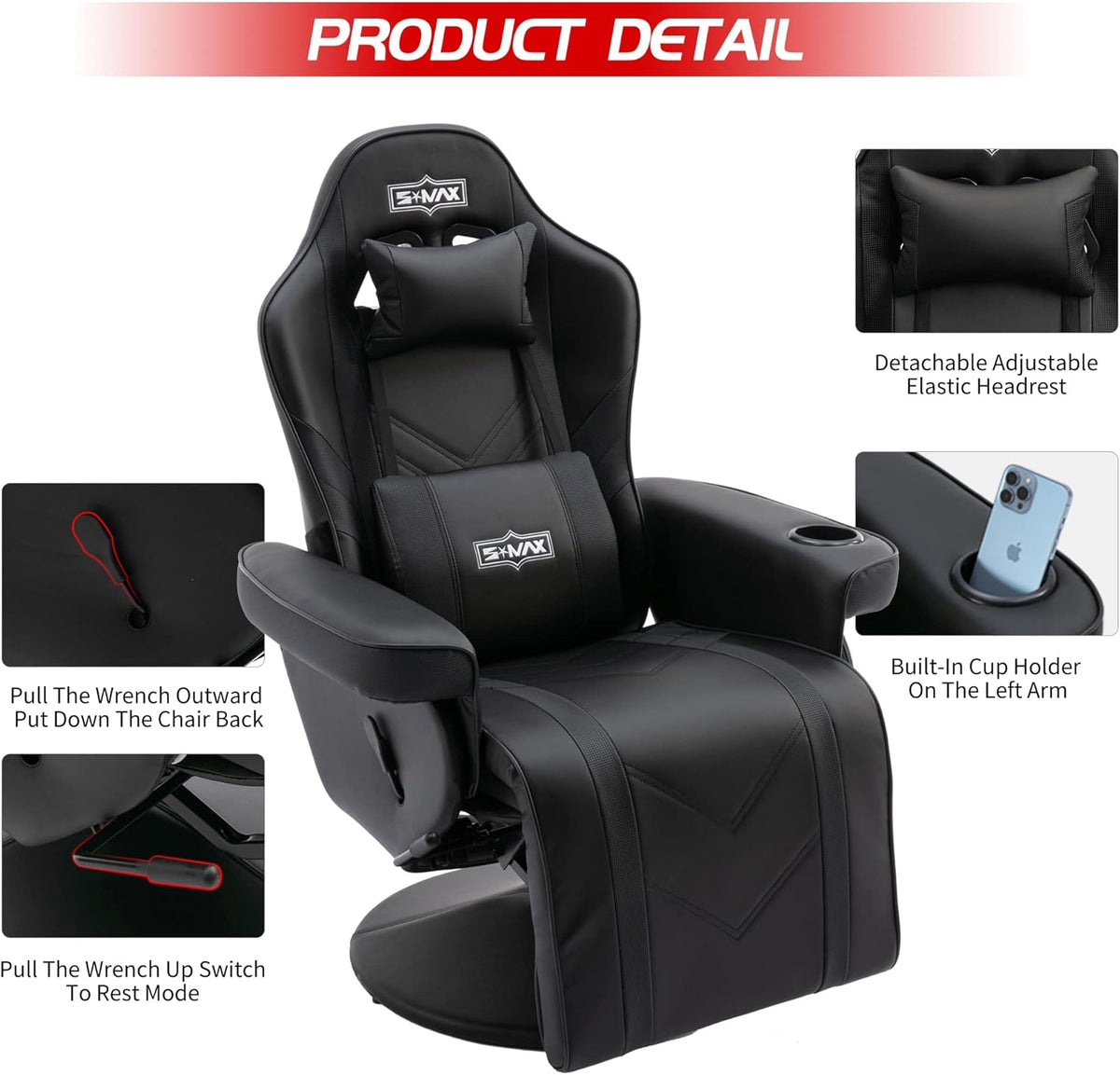 S*MAX Gamingstoel met voetsteun, gamingstoel, hoge rug met verstelbare rugleuning, bekerhouder, zijzak, gamerstoelen voor volwassenen, zwart, extra groot