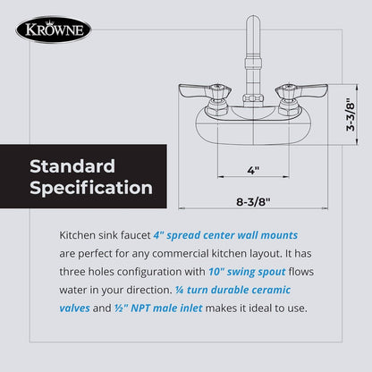 Krowne 10-410L - Commercial Series 10" Center Wall Mount Faucet, 10" Spout, Low Lead