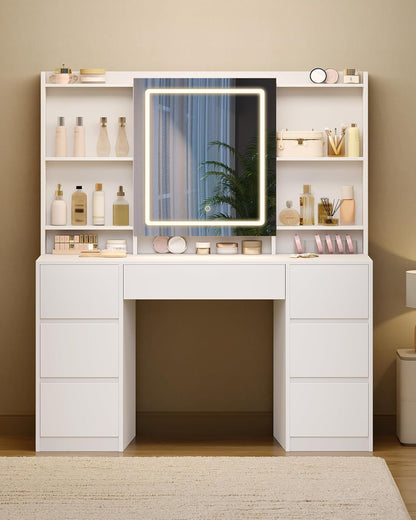 Hzuaneri Dressing Table with Lighting, Dressing Table with Large LED Mirror, Adjustable Brightness, with 7 Drawers, 4 Shelves for Bedroom, Storage Space Behind the Mirror, White DT43203XEU