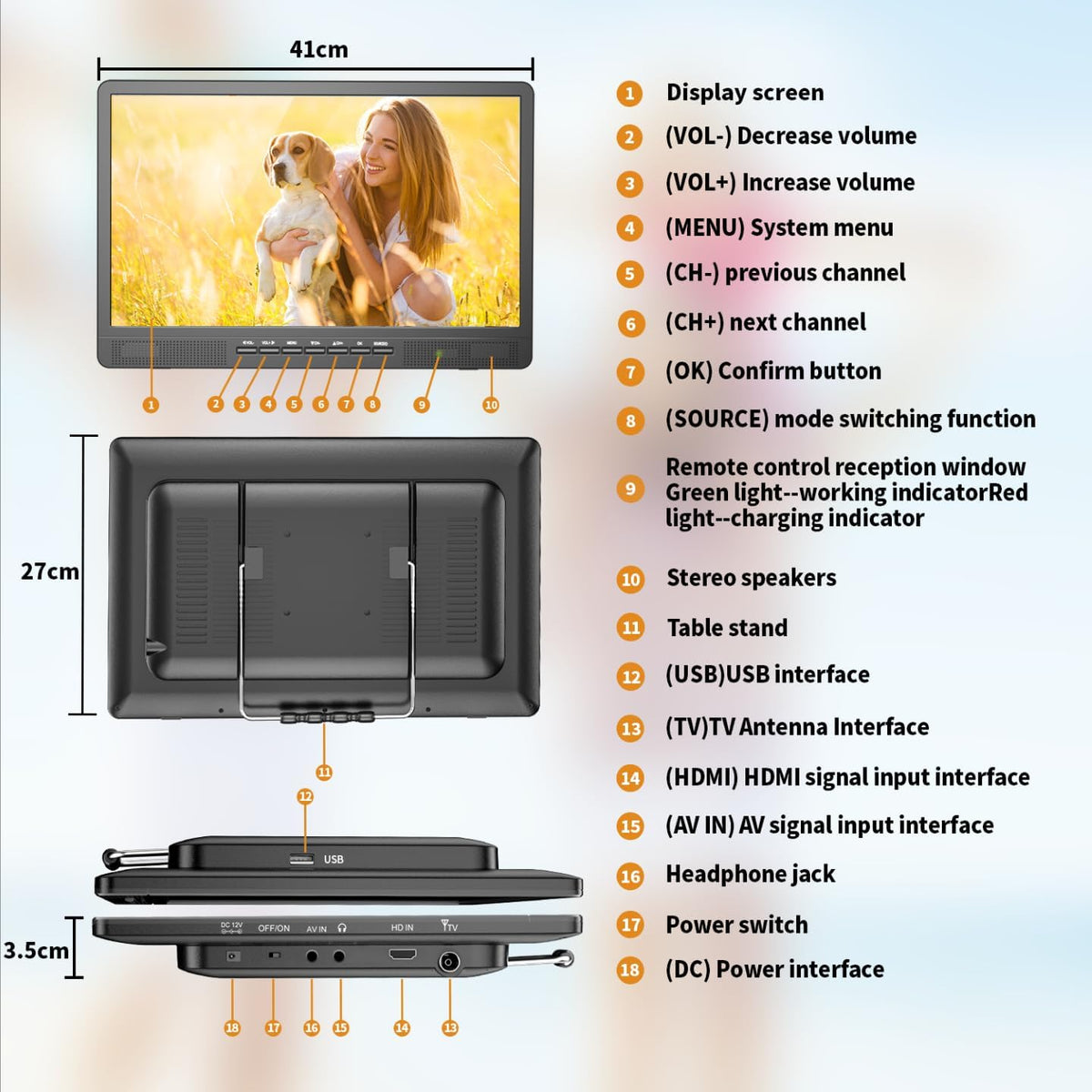 Desobry Draagbare 45,7 cm (18 inch) mini-lcd-tv met DVB/T2-tuner, 12 V, HD 1080P, voor camping buiten, slaapkamer, keuken, ondersteunt USB/HDMI/AV-ingangen