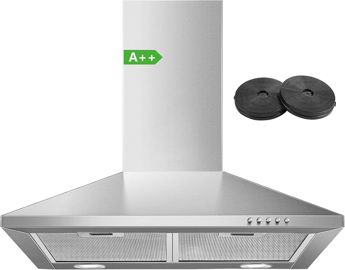 SNDOAS Afzuigkap 60 cm, klasse A++, 350 m³/u, Wandkap met 2 koolstoffilters, 3 snelheden, afvoer of recycling, led-verlichting, roestvrijstalen