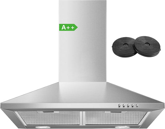 SNDOAS Afzuigkap 60 cm, klasse A++, 350 m³/u, Wandkap met 2 koolstoffilters, 3 snelheden, afvoer of recycling, led-verlichting, roestvrijstalen