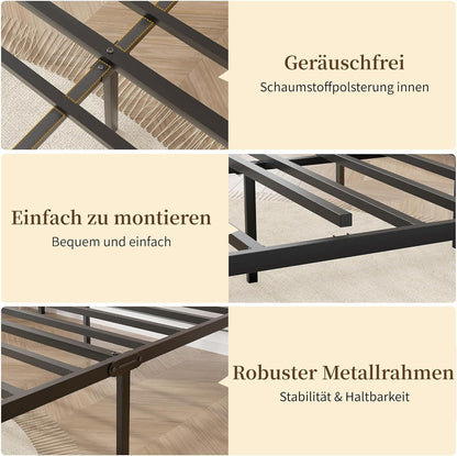VECELO Bedframe 90 x 200 cm met houten hoofdeinde, houten metalen bed met lattenbodem, bedframe van metaal, eenpersoonsbed, jeugdbed, logeerbed, perfect voor slaapkamer, bruin