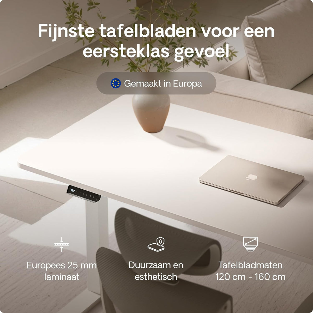 Desktronic HomeOne Desk - Height Adjustable 160 x 80 cm - Fast Twin-Motor Stand Desk - Very Stable Electric Standing Desk - One-Piece Table Top Standing Desk - Touch Screen Control - QUORE