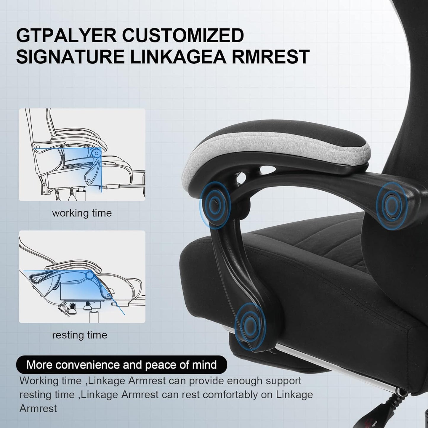 GTPLAYER Gaming Chair, Ergonomic Gaming Chair, Office Chair with Fabric Surface, Spring Seat Cushion, Connecting Armrests and Footrest Black - QUORE