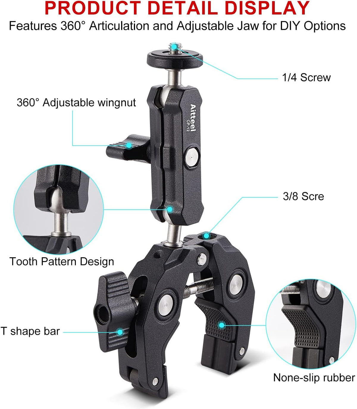 Super klem met Mini Ball Head Stand met 1/4 "schroef en 360 ° Double Ball Head Magic Arm voor Sony Canon Nikon DSLR Camera, Ronin, Microfoon, Videollamp, Roef, Dwarsbar (CP-12)