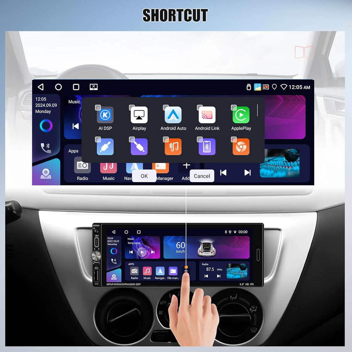 OiLiehu 2+32G Android 13 1-DIN Autoradio met Draadloze CarPlay & Android Auto, 6.9" IPS Radio met Scherm
