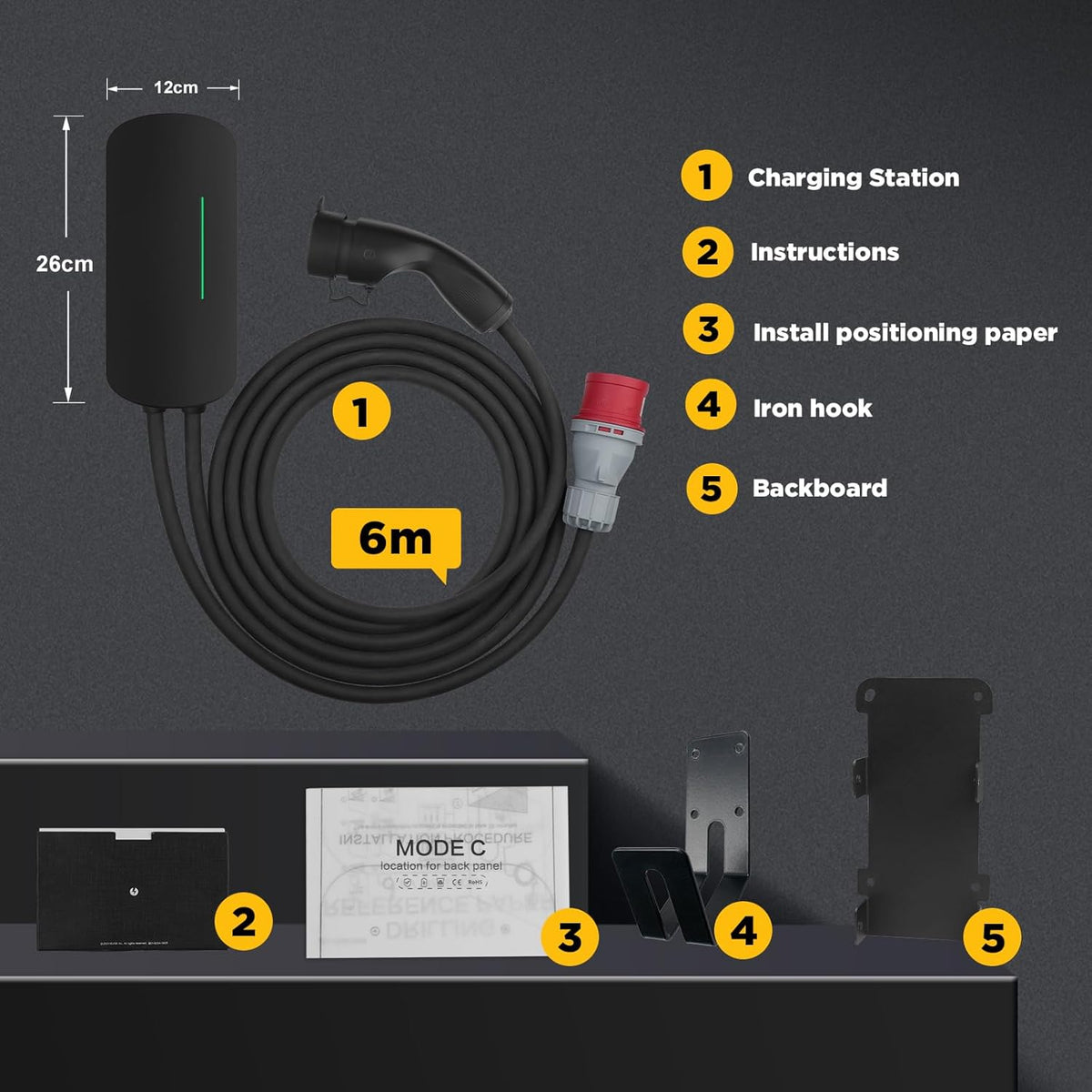 Morec EV laadstation ev oplader 7 kW / 11 kW / 22 KW type 2 EU standaard IEC 62196-2 stekker met stroomkabel voor verdeelkast draagbare snelle wandbox 6,1 m (YM30C-11KW-T2-CEE)