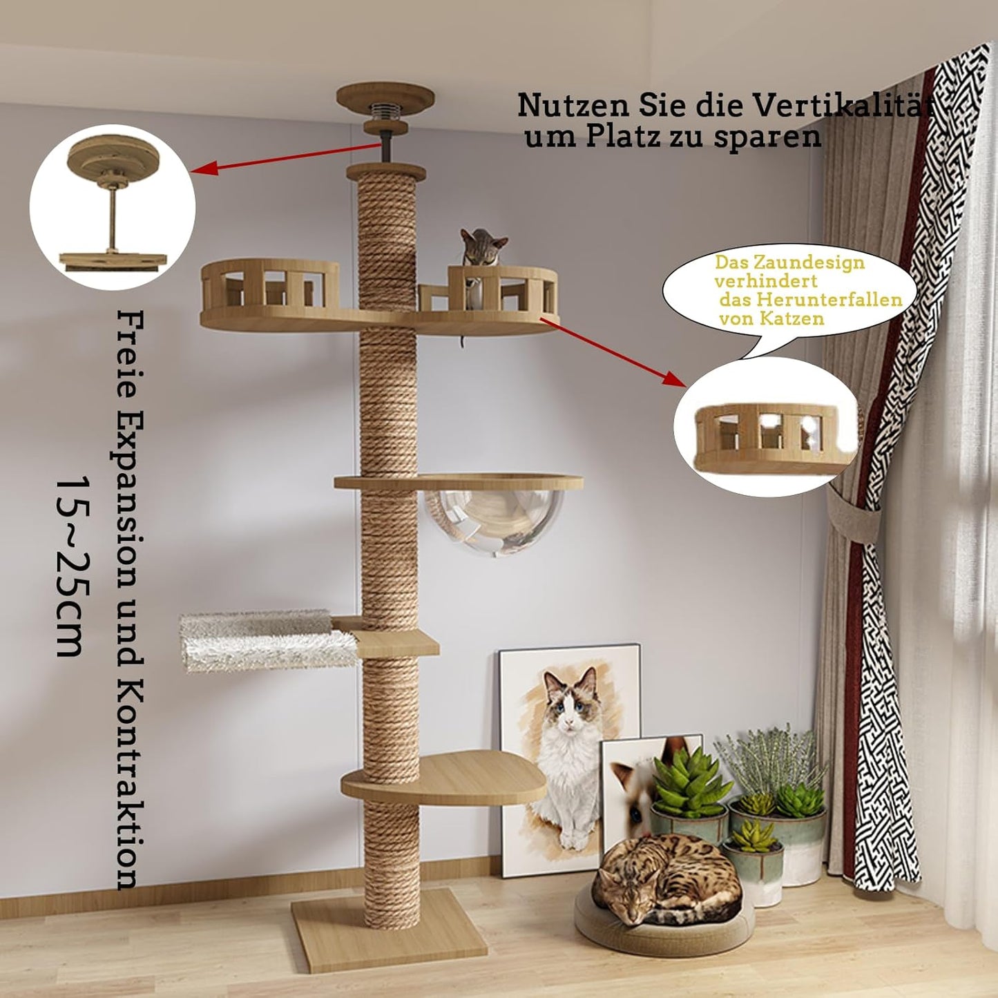 Krabpaal met plafondspanner, kamercapsule, kattenhangmat, volledig omwikkeld met sisaltouw, breedte 11 cm, krabpaal tot plafond (240 ~ 250 cm, 265-275 cm)