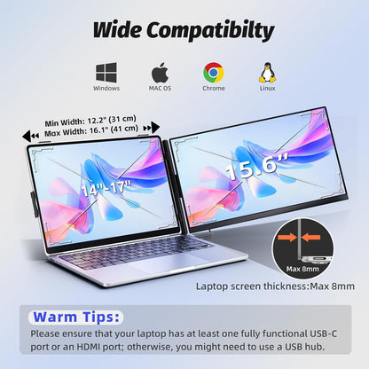 Dual Screen Laptop 15.6 inch FHD 1080P IPS Display Extension Laptop Monitor Extra Display for 13.3-17 inch Laptop Compatible with Windows MacBook Chrome - QUORE
