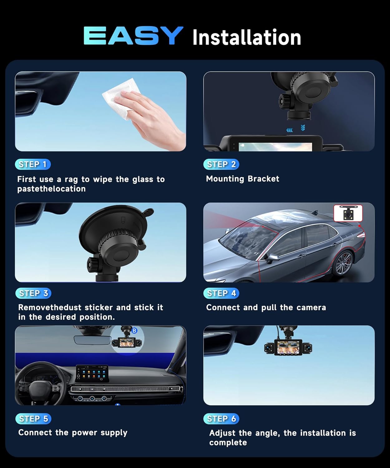 1080P Dashcam Car Front and Rear with Wifi,4*Dashcam Car Camera with 3-inch IPS Screen,24-Hour Parking Monitoring,Night Vision,G-Sensor,Loop Recording,360-Degree Protection,with 64GB SD Card - QUORE