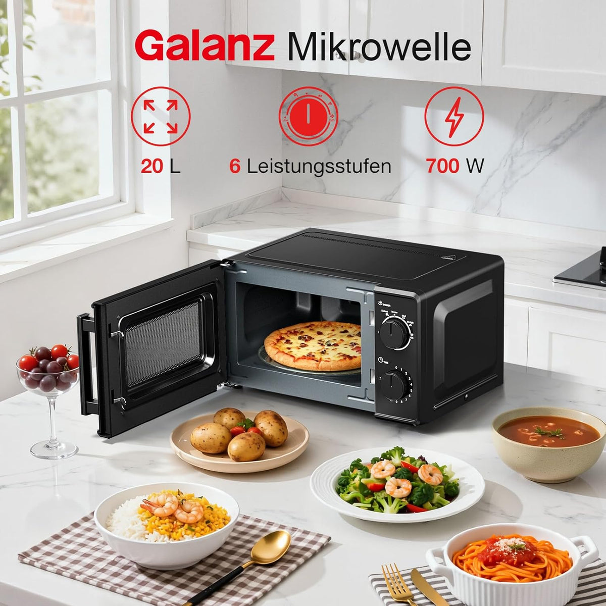 Galanz Solo-magnetron 20 l P70T20L-VB, 700 W magnetron met 6 standen, 0 tot 30 minuten timer, eenvoudige reiniging met glazen draaiplaat (zwart)