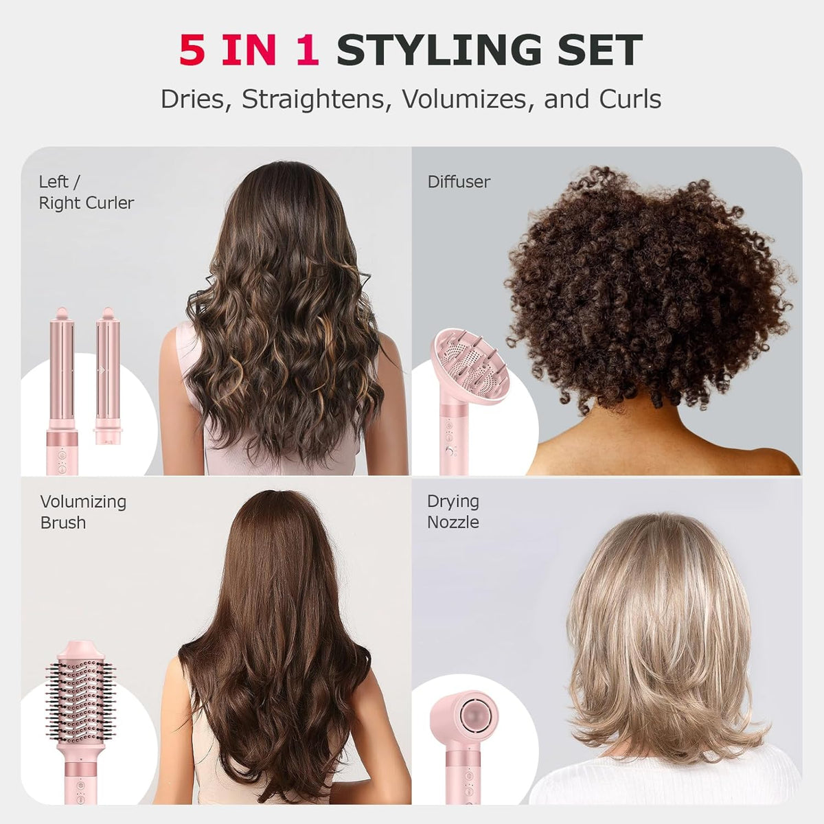 MESCOMB 5-in-1 haarstyler & airstyler met ionenföhn en auto-krultangset, professionele styling, volume, krullen en drogen zonder schade door hitte – met diffuser en reistas