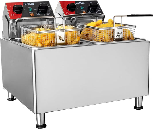 CROSSON Elektrische Friteuse met Dubbele Tank 8L,230V/5000W Professionele Elektrische Friteuse met Verstelbaar Thermostaat 80-200°C,met Afneembare Olietank,Verstelbare Roestvrijstalen Poten