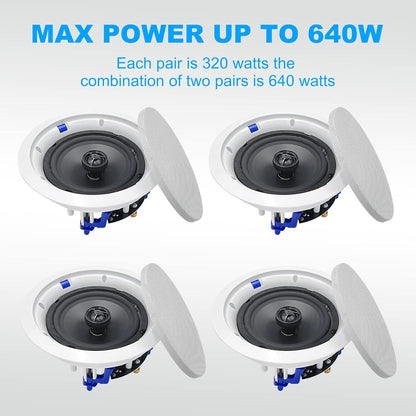 Plafondluidsprekers – Plafondspeakers, inbouwspeakers, inbouwluidsprekers, wandluidsprekers – Set van 4, 6,5 Inch – 2-Weg geluid met verbeterde tweeters – 640 Watt totaal
