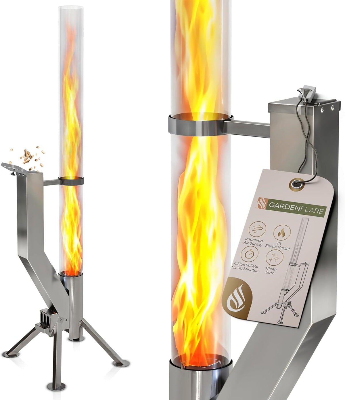 GARDENFLARE Premium vuurkorf - grote roestvrijstalen pelletzaklamp met vlam tot 1,5 m en reinigingsborstel inbegrepen, vuurkolom voor tuin en terras, je duurzame buitensfeervuur (zilver)