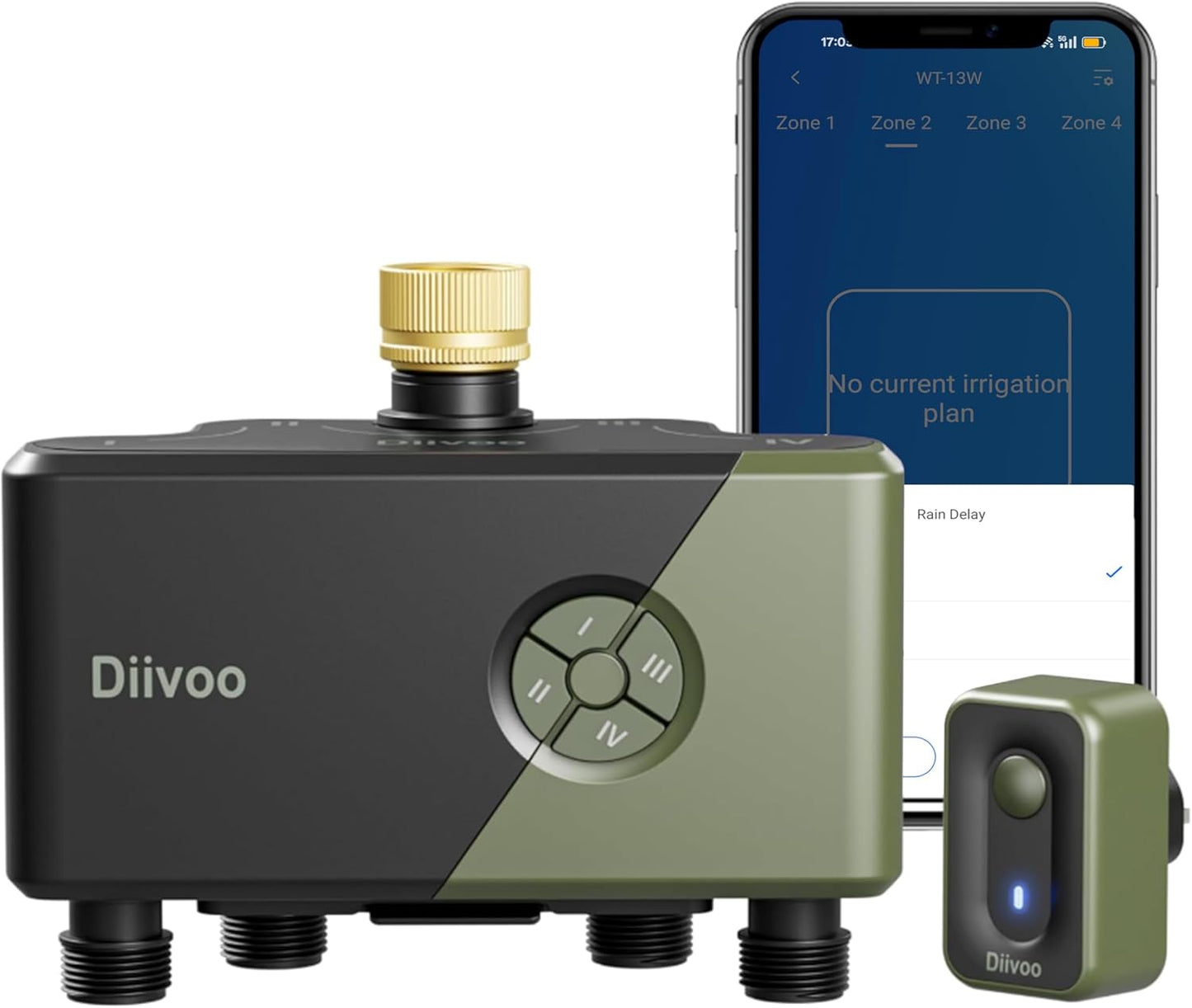 Diivoo 4 Zone WiFi Water Timer with Brass Inlet, Smart Hose Sprinkler Timer 4 Outlets Compatible with Alexa/Google Assistant, 24 Irrigation Plans, Rain Delay & Mist Mode for Garden Lawns (2.4GHz Only)