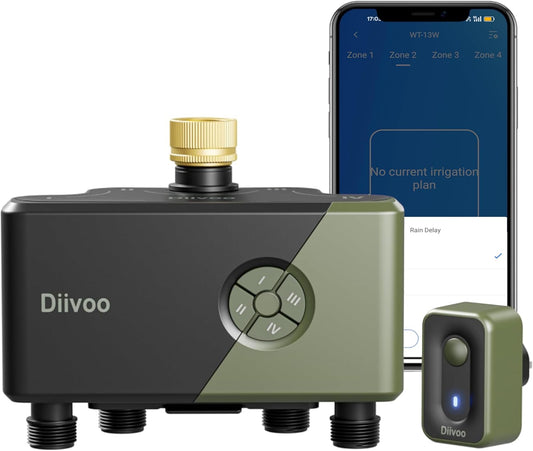 Diivoo 4 Zone WiFi Water Timer with Brass Inlet, Smart Hose Sprinkler Timer 4 Outlets Compatible with Alexa/Google Assistant, 24 Irrigation Plans, Rain Delay & Mist Mode for Garden Lawns (2.4GHz Only)