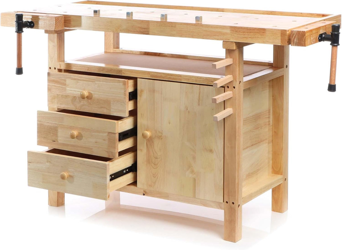 Wiltec houten werkbank 126x50x84 cm incl. spantangen, werkbankhaken, laden en apparatuurvakken