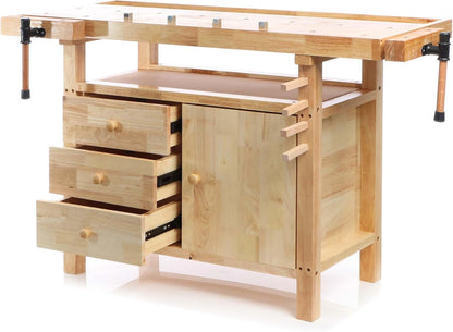 Wiltec houten werkbank 126x50x84 cm incl. spantangen, werkbankhaken, laden en apparatuurvakken