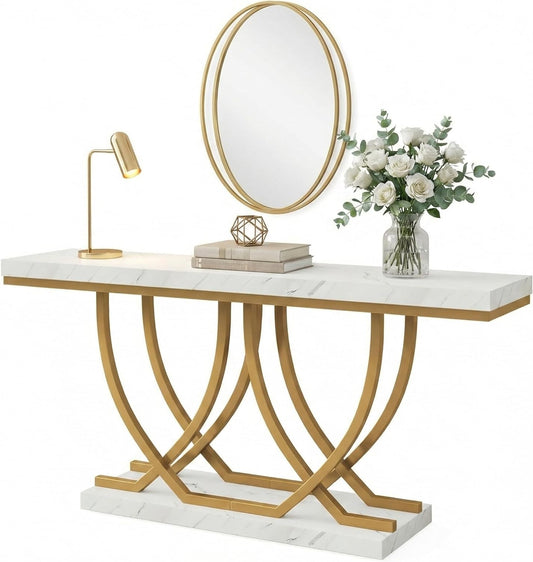 Console Tafel – Sidetable – Haltafel – Sideboard – Marmer Tafel – Wit Goud – 150 cm Breed – Verstelbare Pootjes - QUORE