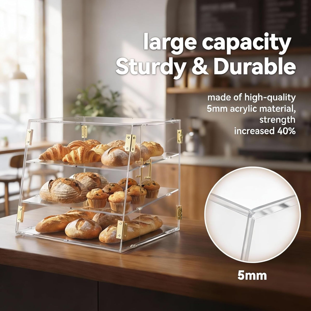 3 Dienblad Aanrecht Bakkerij Vitrine met Elastische Auto-Deur, 53,1 cm x 43,2 cm x 43,2 cm Commerciële Gebak Brood Voedsel Vitrine Opbergdoos voor Donut Taart Bagels Koekje