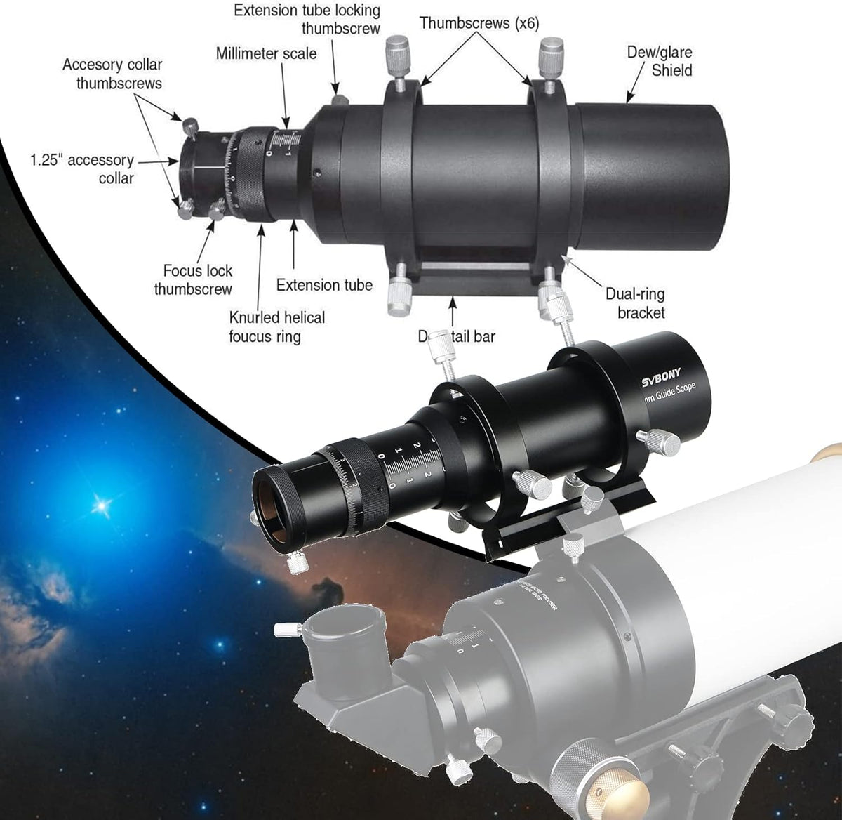 Svbony SV106 Guide Scope 60mm, F4 Zoeker met Spiraalvormige Focuser voor Begeleiden Vinden Sterren, Compatibel met ZWO QHY Auto Guide Camera