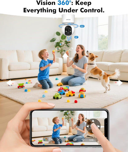 Indoor Camera 2.5K (4MP), Indoor Beveiligingscamera Draadloos met 6000mAh oplaadbare batterij, Dual-Band WiFi 2.4/5GHz, 360° Pan-Tilt, Kleur Nachtzicht, PIR Bewegingsdetectie, SD & Cloud Opslag