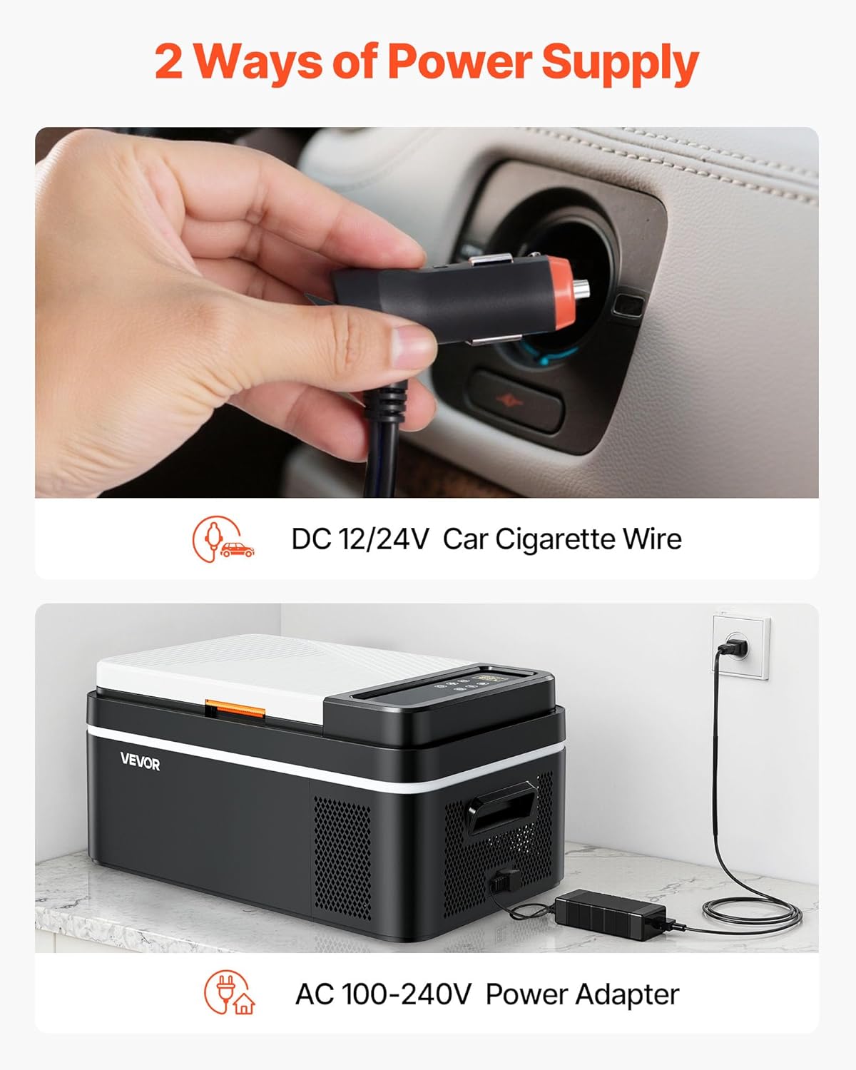 VEVOR Draagbare elektrische auto-koelbox, 20 l, draagbare mini-koelkast voor auto, werking DC 12 V 24 V, AC 100 V tot 240 V, instelbare temperatuur van -20 °C tot 20 °C, voor camper, reizen, boot