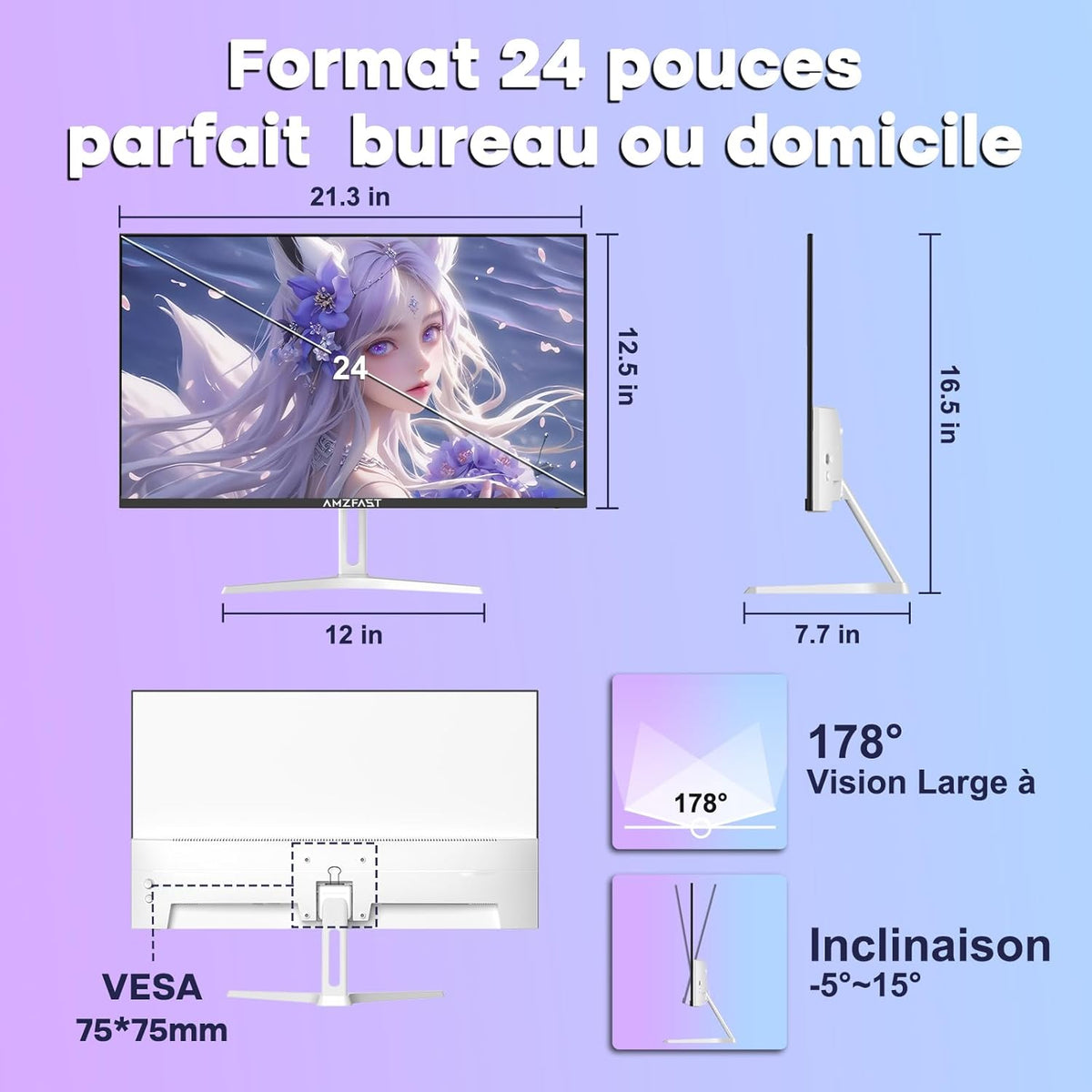 Monitor da Gaming Amzfast 24 Pollici - 200Hz, FHD 1920x1080, Fast IPS, 1ms MPRT, 80% DCI-P3, 110% sRGB, HDR, Anti-Luce Blu, Adaptive Sync, VESA 75x75, HDMI 2.0/DP 1.4, Bianco - AMZG24X1W - QUORE