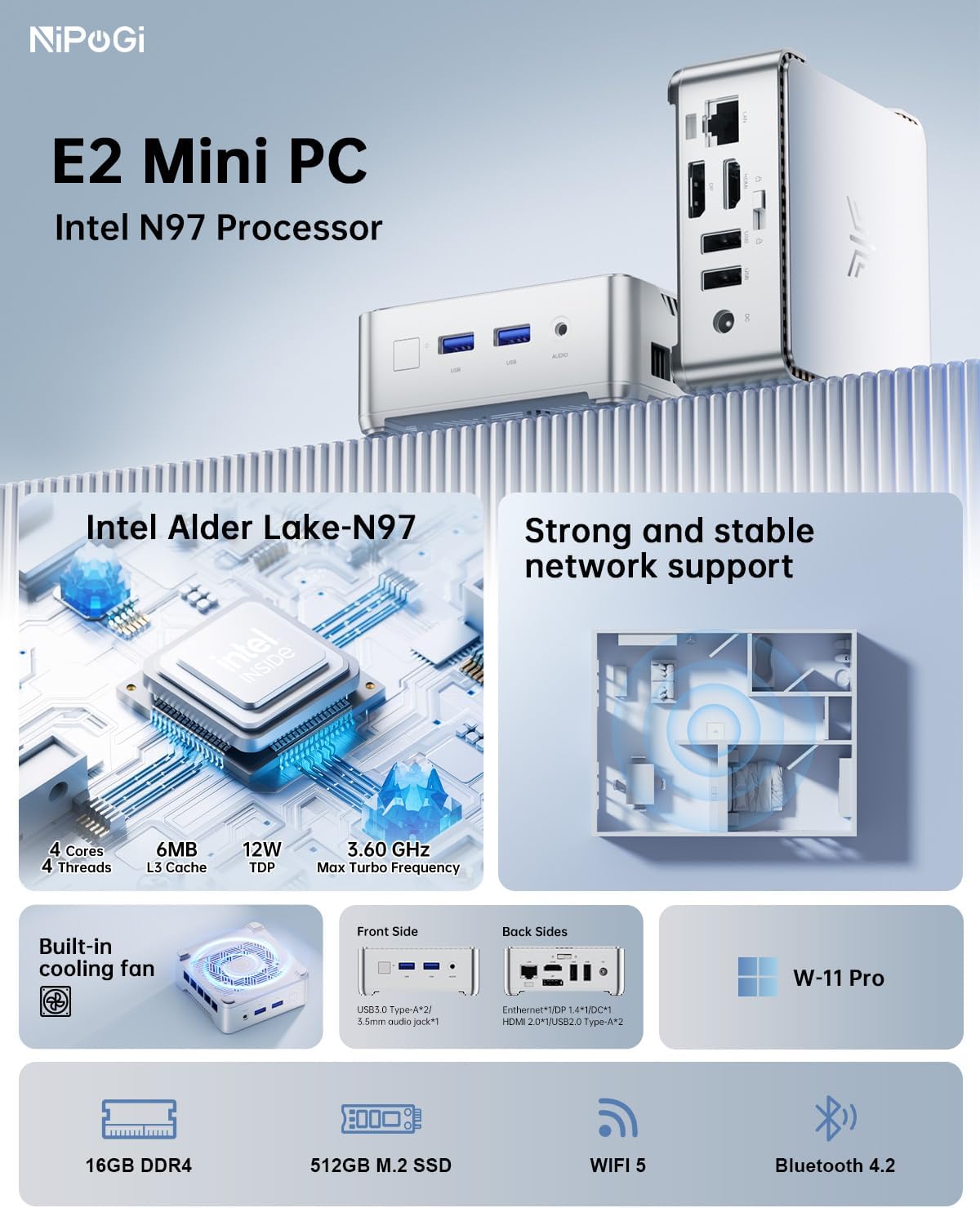 Mini PC – Mini Desktop Computer – Compacte PC – Ultrasnelle PC – Krachtige PC – Intel Alder Lake N97 Processor – 4K@60Hz Dual Display & 16GB DDR4 RAM