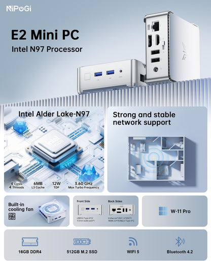 Mini PC – Mini Desktop Computer – Compacte PC – Ultrasnelle PC – Krachtige PC – Intel Alder Lake N97 Processor – 4K@60Hz Dual Display & 16GB DDR4 RAM