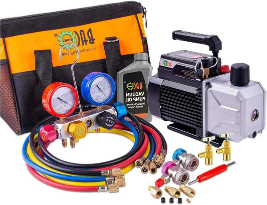 BACOENG 4.5 CFM Vacuum Pump, Air Conditioning Kit for HVAC/Car AC Refrigerant Charging, 4 Way Air Conditioning Filling, Manifold Gauge Set, Ideal for R134A R410A - QUORE
