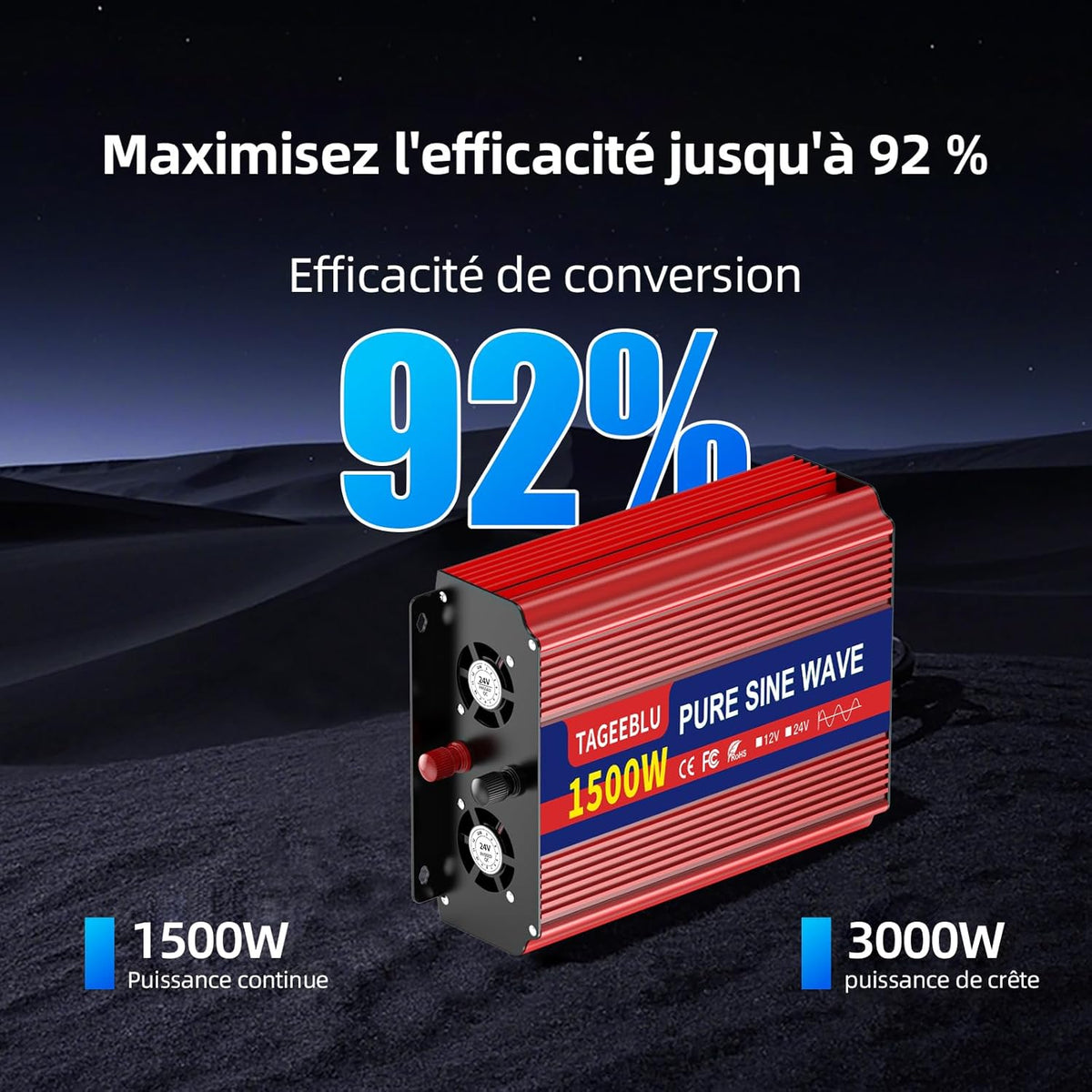 1500W Zuivere Sinusomvormer – DC 24V Naar AC 230V Omvormer – 24V Omvormer – Spanningsomvormer – Inverter – 3000W Piekvermogen – 2 AC-Stopcontacten Met LCD-Scherm