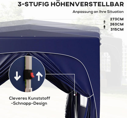 Outsunny Pavillon 3x3m, wasserabweisend Stabil Winterfest Pop-up Faltpavillon, UV Schutz 50+, Faltbar Partyzelt Gartenzelt mit 4 Seitenteilen Tasche Gartenpavillon für Camping Garten, Dunkelblau - QUORE