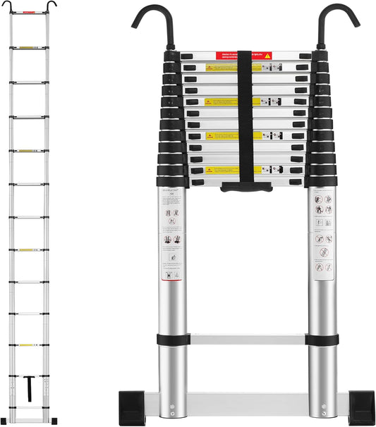 TEENO Telescopische ladder, 5 m, inklapbaar, van aluminium, met stabilisatorstang en afneembare haak, maximale belasting 150 kg