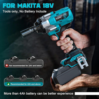 Ecarke 1400 Nm Accu-slagschroevendraaier met moersleutel, set voor Makita 18 V lithium-accu, 2800 tpm, 1/2 inch borstelloze slagschroef met ledlicht, 6 doppen voor autobanden, steigerbouw (zonder accu