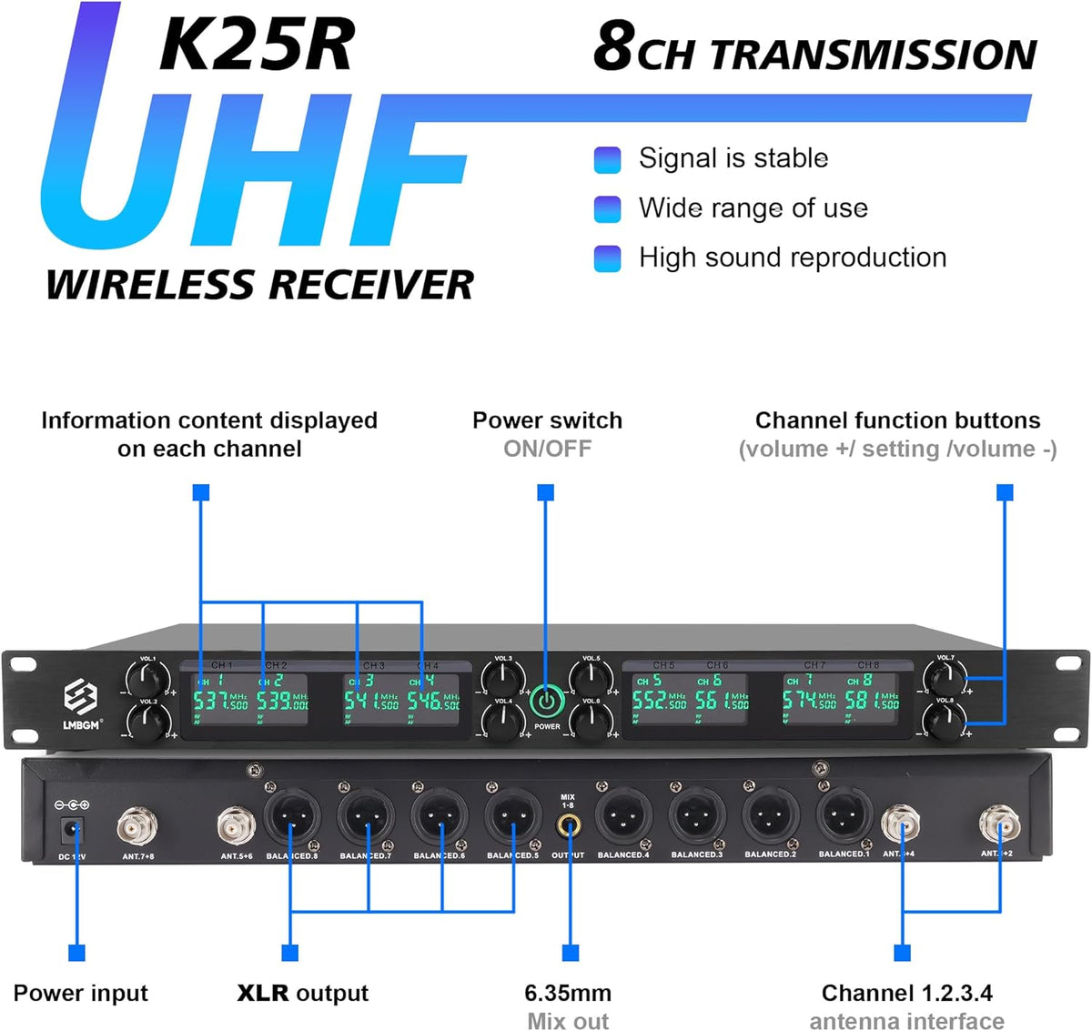 Draadloos Microfoonsysteem – Draadloze Microfoonset – UHF Microfoonset – Microfoonset Voor Podium – Microfoonset Voor Karaoke – 8-Kanaals Met 4 Handmicrofoons En 4 Bodypacks – 24-Bit/96 kHz Audio En <5 ms Vertraging