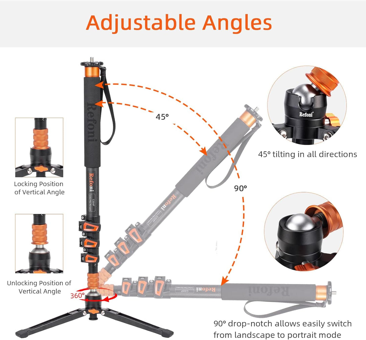 C304F Koolstofvezel monopod camera monopod, 173 cm telescopisch reismonopod 4-segmentair met afneembare statiefvoet, belastbaar tot 25 kg voor DSLR-camera camcorder