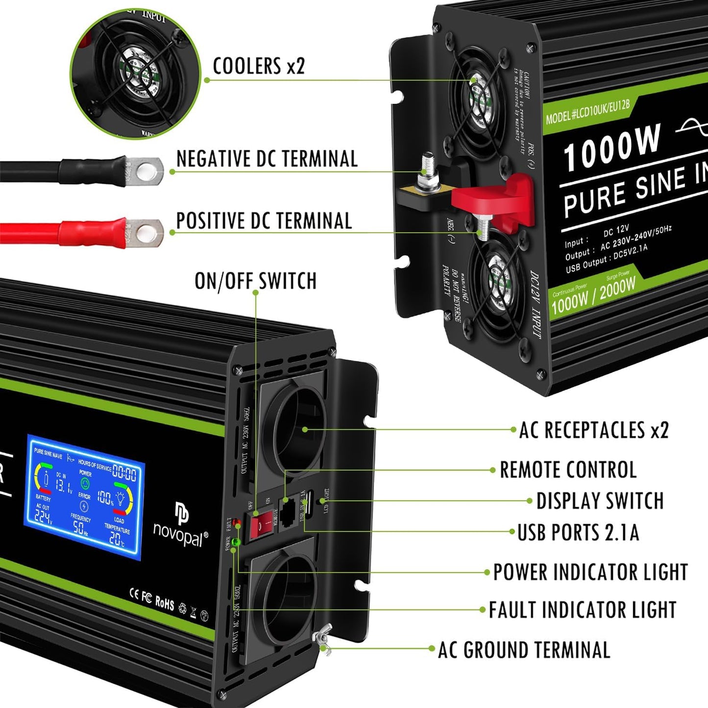 novopal Pure Onda Omvormer, 12 V naar 220 V, met lcd-display, 2 AC-uitgangen en afstandsbediening van de USB-aansluiting, voor camper, vrachtwagen, boot, camping, thuis (LCD 1000W 12V)