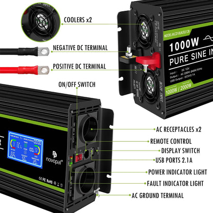 novopal Pure Onda Omvormer, 12 V naar 220 V, met lcd-display, 2 AC-uitgangen en afstandsbediening van de USB-aansluiting, voor camper, vrachtwagen, boot, camping, thuis (LCD 1000W 12V)