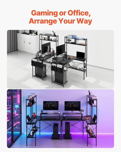 VEVOR Computer-gamingbureau, L-vormig, omkeerbaar, 1200 x 900 x 1600 mm, met stopcontacten, CPU-standaard, planken, gamingtafel voor pc, thuiskantoor